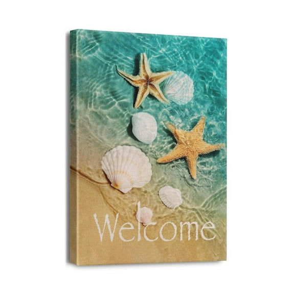 Ocean Beach Nautical Decor 12x16 Inch Framed Canvas Prints - Seashell & Starfish Wall Art for Rustic Coastal Themed Living Room, Bedroom, Bathroom