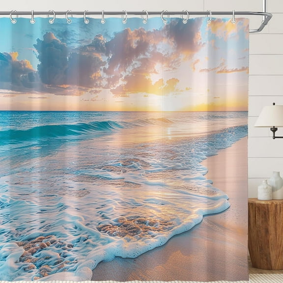 Ocean Beach Nautical Shower Curtain for Bathroom Seaside Beachy Waves Bathtub Decor Seascape Waterproof Set with Hooks-36"W x 72"L (Pack of 1)