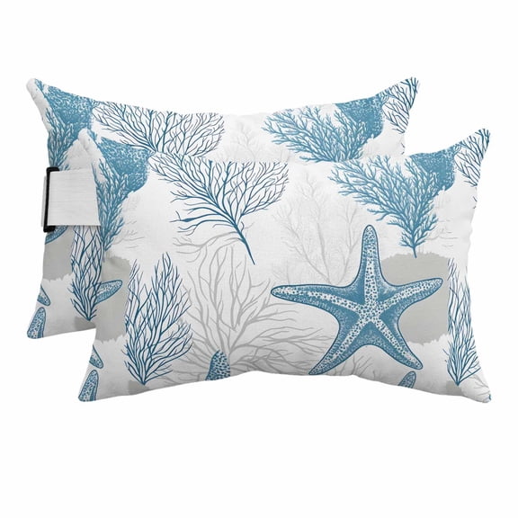 Ocean Beach Outdoor Chaise Lounge Pillows Seashell Coral Starfish Lumbar Pillows with Insert Adjustable Elastic Strap Headrest Pillow for Recliner Patio Chair 2 Pack 11x16 Inch
