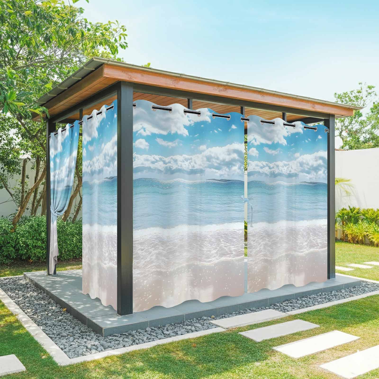 Ocean Beach Outdoor Curtains for Patio Waterproof,Windproof Privacy Curtains with Weighted Bottom,Natural Blue Sea Waves Sky Cloudy Scenery Outside Drapes for Picnic Garage Yard 54"x84" 2 Panel