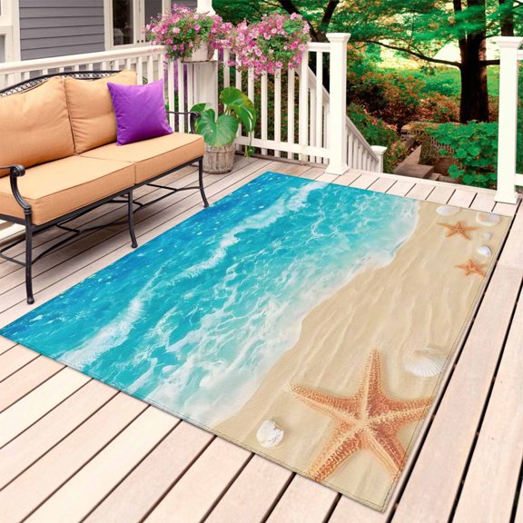 Ocean Beach Outdoor Rug 5x8 Ft, Non Slip Washable Area Rug, Coastal Nautical Starfish Seashells Sea Waves Patio Rugs Carpet Runner, Large Floor Mat for Indoor/Outdoor Deck Porch Camping