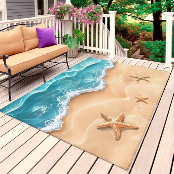 Ocean Beach Outdoor Rug 5x8 Ft, Non Slip Washable Area Rug, Starfish Sea Waves Coastal Seaside Sand Patio Rugs Carpet Runner, Large Floor Mat for Indoor/Outdoor Deck Porch Camping