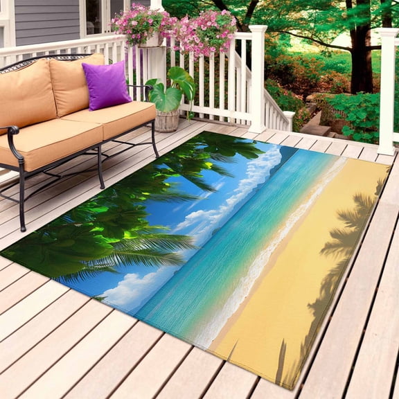 Ocean Beach Outdoor Rug for Patio/Deck/Porch, Non-Slip Large Area Rug 3 x 5 Ft, Blue Sea Shoreline Coconut Coastal Palm Tree Indoor Outdoor Rugs Washable Area Rugs, Camping Rug Carpet Runner