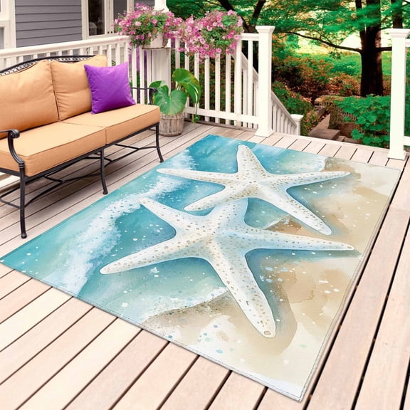 Ocean Beach Outdoor Rug for Patio/Deck/Porch, Non-Slip Large Area Rug 4 x 6 Ft, Summer Coastal Starfish Sand Ombre Blue Indoor Outdoor Rugs Washable Area Rugs, Reversible Camping Rug Carpet Runner