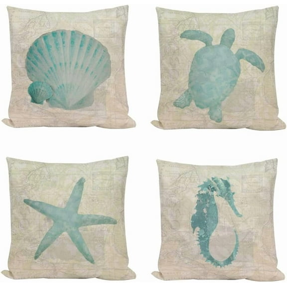 Ocean Beach Outdoor Throw Pillow Covers 18x18 Inch Set of 4 Coastal Starfish Sea Turtle Scallop Seahorse Marine Animals Pillow Cases Cushion Cover White Linen Vintage Nautical Map Pillowcase