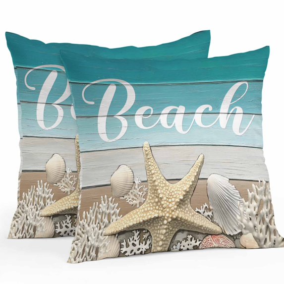 Ocean Beach Outdoor Waterproof Pillow Covers 26x26 Pack of 2 Starfish Shell Coral Green Brown Ombre Wood Grain Decorative Outdoor Pillow Covers Square Cushion Cases for Patio Furniture Pergola Couch