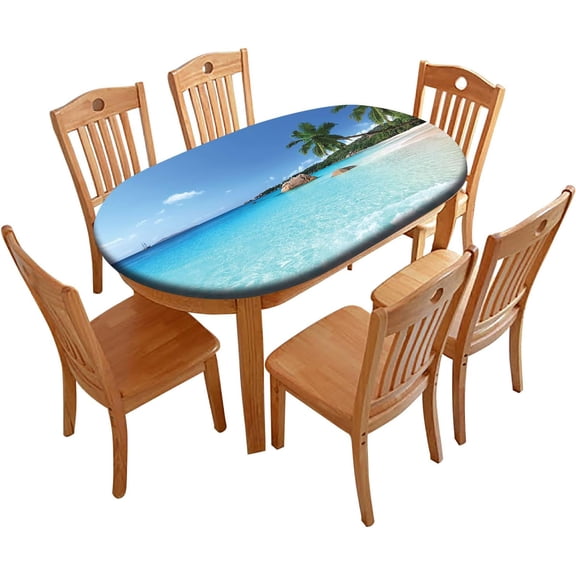 Ocean Beach Oval Fitted Table Cover Sea Wave Plam Trees Waterproof & Stain Resistant Elastic Table Cloth, for Dining/Party/Buffet/Wedding Use, 48" x 68" (Oval)