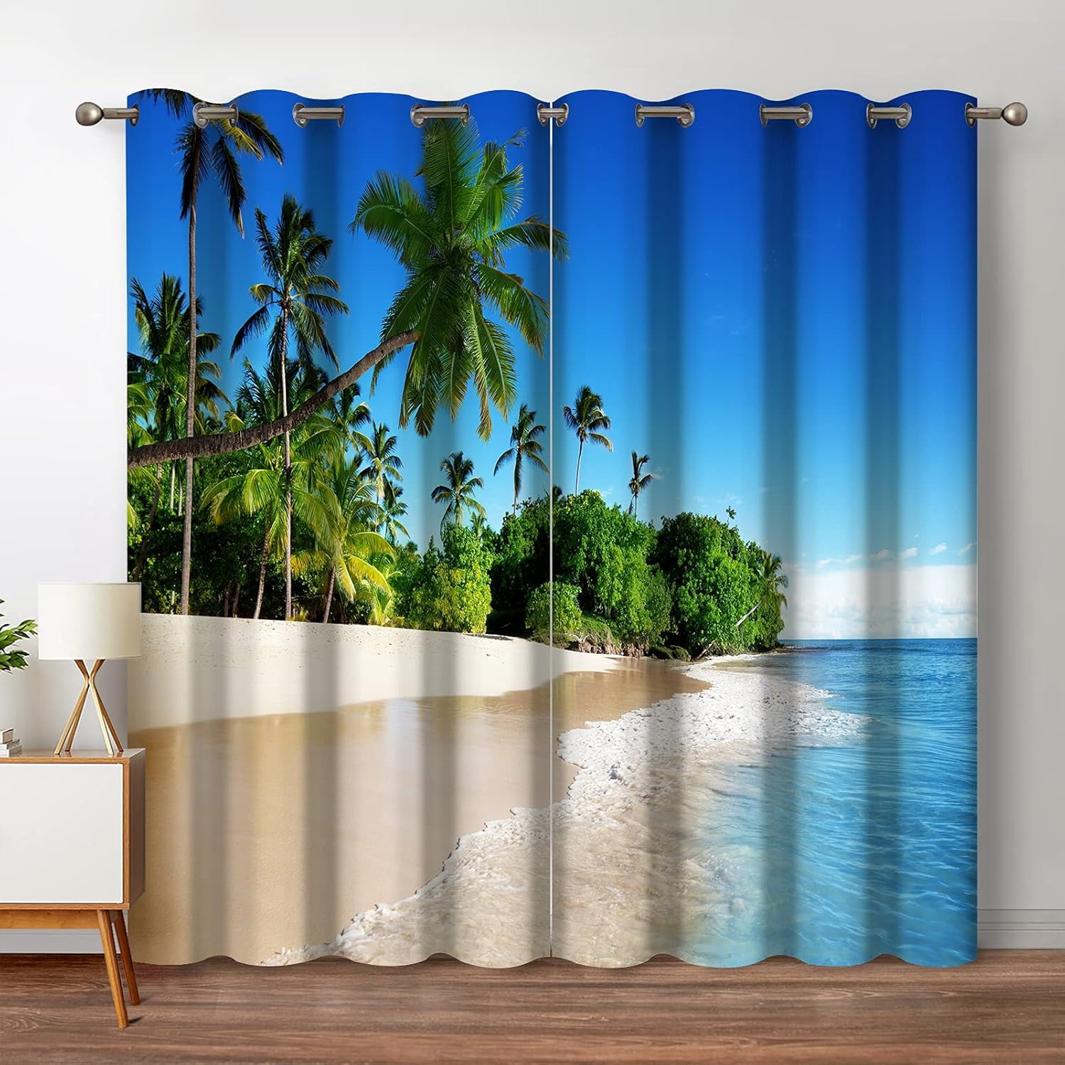 Ocean Beach Palm Tree Blackout Curtains Tropical Blue Ocean Sky Sunny Seaside Scene Beach Decor for Bedroom Living Room Grommet Window Drapes 2 Panel Set, 52"x84"
