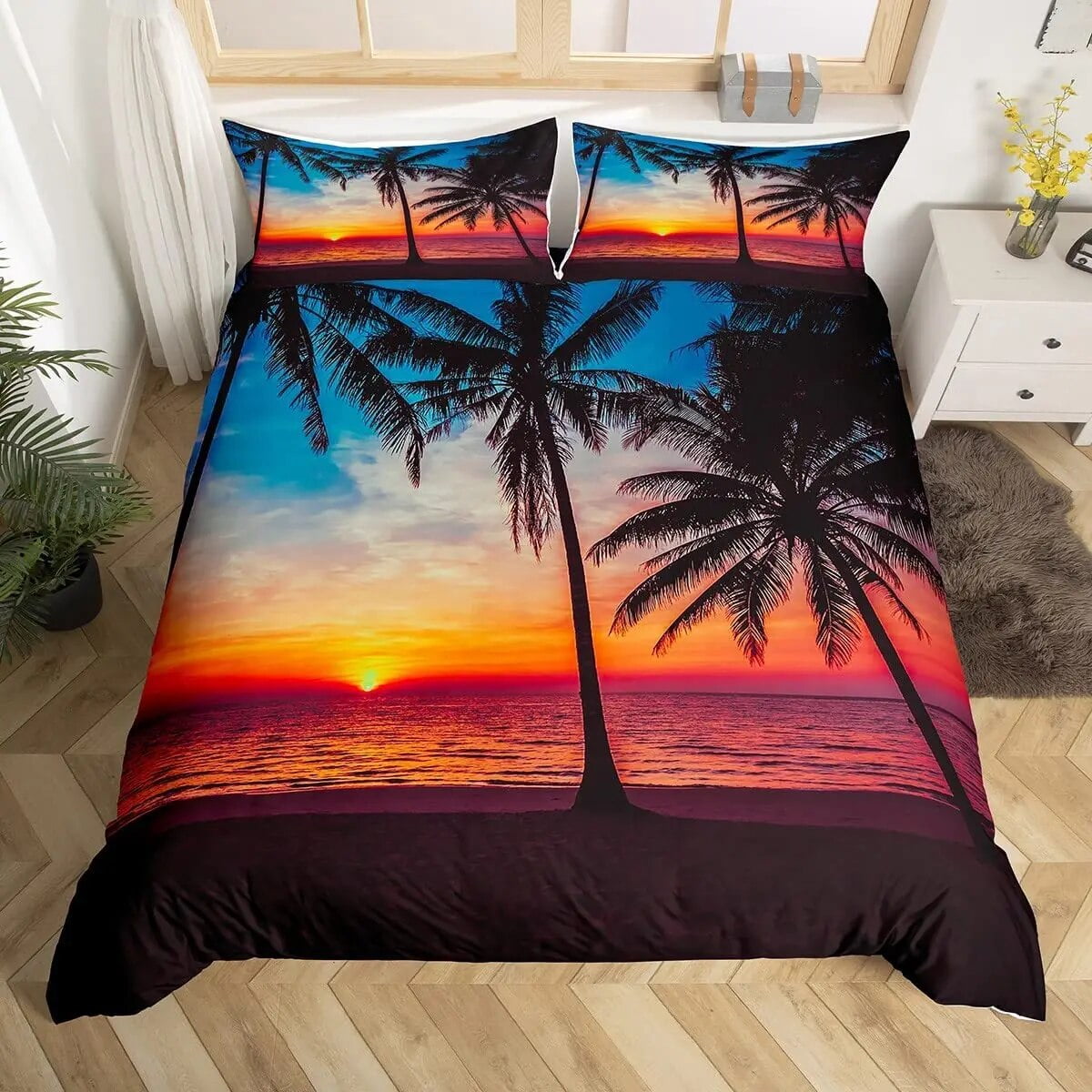 Ocean Beach Palm Tree Duvet Cover Set Sea Wave Polyester Quilt Cover Tropical Leaves Hawaiian
