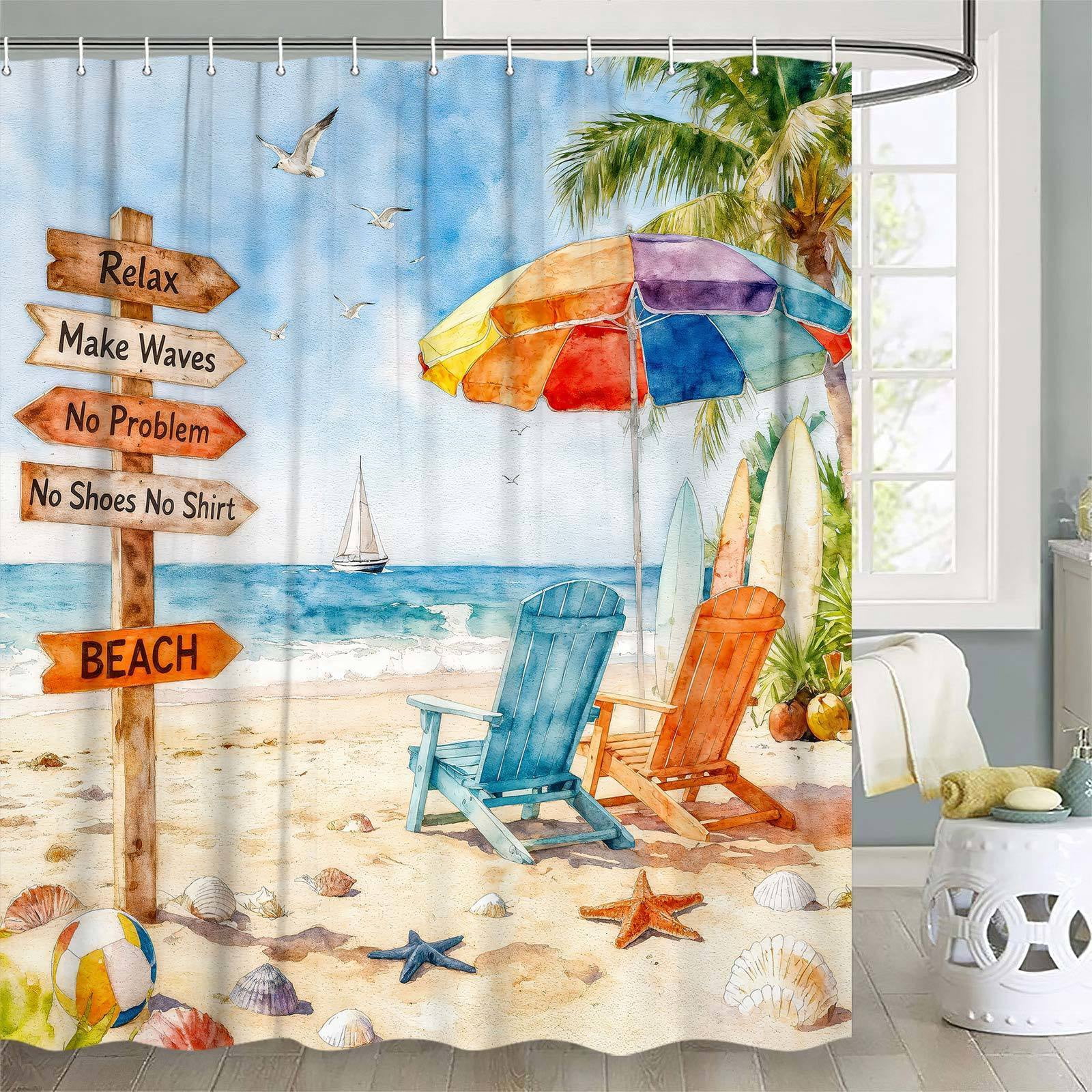 Ocean Beach Palm Tree Shower Curtains, Tropical Summer Shower Curtains for Bathroom, Sailing Seagull Sails Chair Bath Curtain Bathroom Decor,72X72in