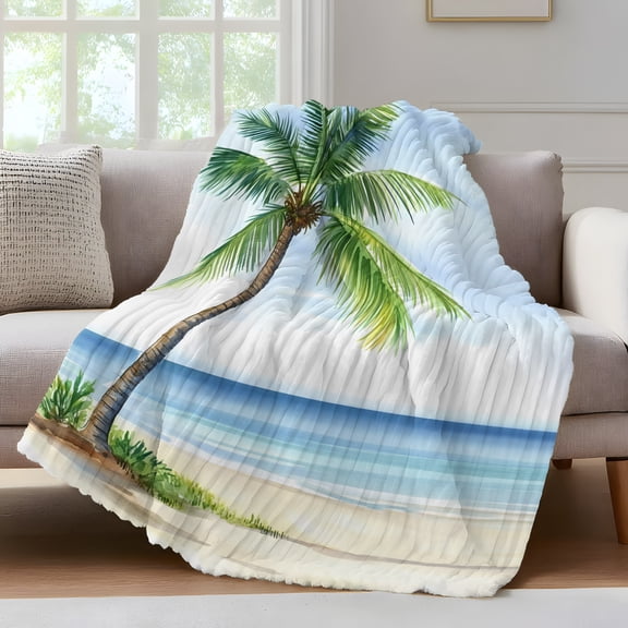 Ocean Beach Palm Tree Throw Blanket for Couch Summer Tropical Island Decor Seaside Soft and Warm Flannel 3D Striped Fluffy Fuzzy Fleece Blanket Lightweight Throw for Bed, Sofa 30 x 40 Inches
