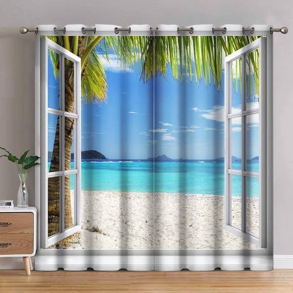 Ocean Beach Palm Trees Blackout Curtains Summer Tropical Island Decor Seaside White Wooden Window View Print Grommet Window Drapes for Bedroom Living Room 2 Panel Set, 52"x84"