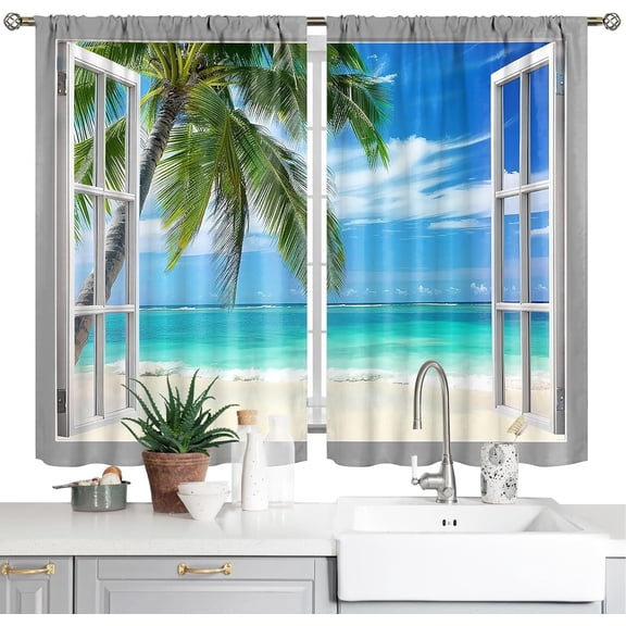 Ocean Beach Palm Trees Kitchen Curtains Summer Tropical Island Bedroom Window Treatments Nature Landscape Scenic Nature Bedroom Living Room Drapes Fabric 2 Panels 26x36 Inch