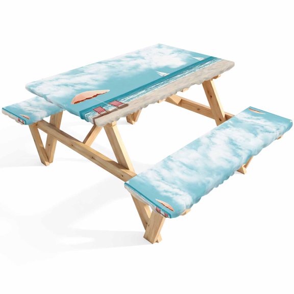 Ocean Beach Picnic Table Cover with Bench Covers Summer Beach Chairs Blue Sky Sea Cloud Waterproof Fitted Picnic Tablecloth 3 Pieces Set Table Cloth for Outdoor Camping Garden BBQ