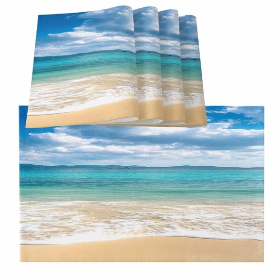 Ocean Beach Placemats for Dinning Table Set of 4, Blue Sky Waves Sand Horizon Shore Summer Burlap Kitchen Place Mats Waterproof Cloth Table Mats, Indoor Outdoor Placemats Easy Clean Dinner Decor