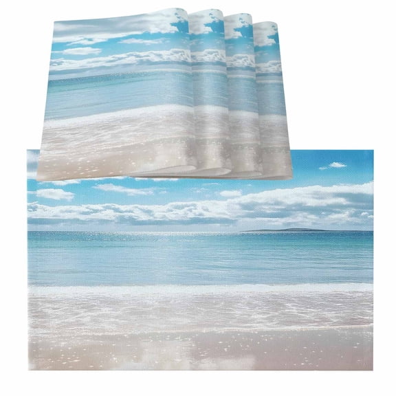 Ocean Beach Placemats for Dinning Table Set of 4, Natural Blue Sea Waves Sky Cloudy Scenery Burlap Kitchen Place Mats Waterproof Cloth Table Mats, Indoor Outdoor Placemats Easy Clean Dinner Decor
