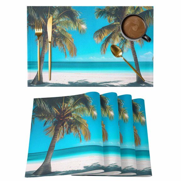 Ocean Beach Placemats Set of 12 Summer Coconut Coastal Sea Landscape Place Mats Indoor Wipeable Table Mats Washable Cloth Dining Table Placemats for Kitchen Holiday Party Home Decor 13x19 Inch