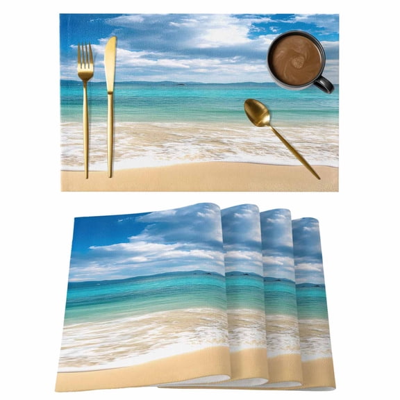 Ocean Beach Placemats Set of 8, Cotton Linen Fabric Place Mats, Blue Sky Waves Sand Horizon Shore Summer Washable Decorative Table Mats Protector for Home Kitchen Dining Wedding Party Coffee Tables