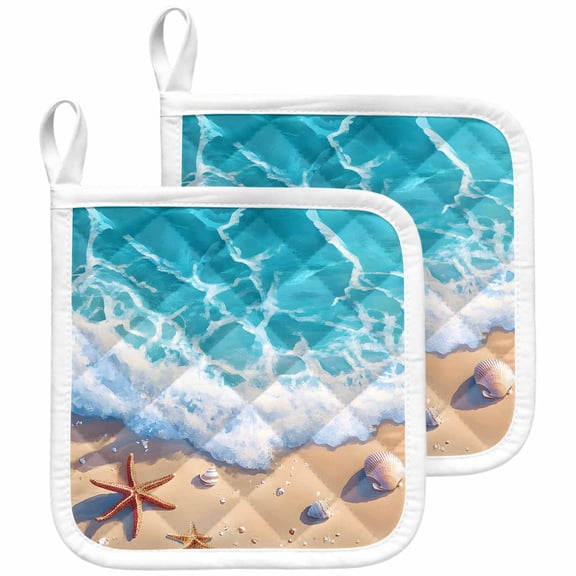 Ocean Beach Pot Holders for Kitchen Heatproof Potholder, 2 Pack Coastal Nautical Starfish Shells Sea Waves Hot Pads Multipurpose Oven Pads Cloth Potholders Trivet for Cooking and Baking