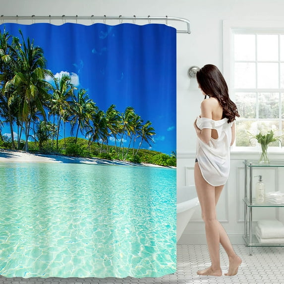 Ocean Beach Print Shower Curtain 70x70 Inch With 12 Plastic Hooks Waterproof Shower Curtain Bathroom Heavy Side Shower Curtain Machine Washable Quick Dry Shower Curtain