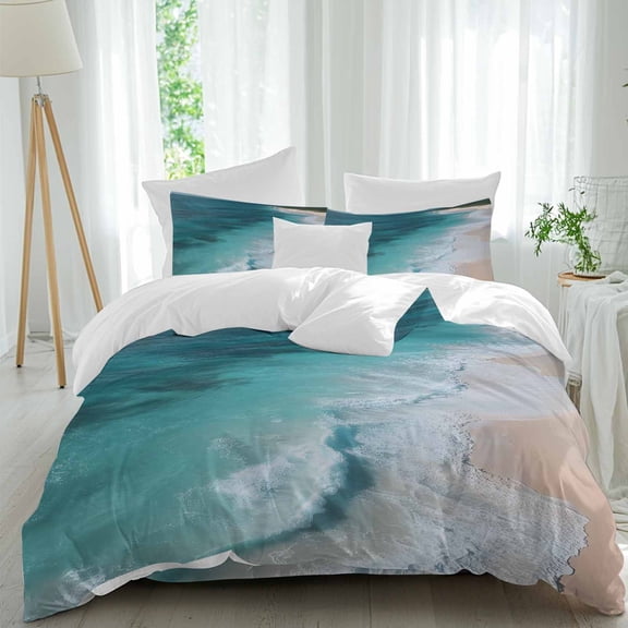 Ocean Beach Queen Size Comforter Set, Summer Sea Waves Minimalist Modern Bedding for All Seasons, 4 Pcs Bed Set, 1Quiltcover (90"x92") ,1Sheet(94"x116"), 2Pillowcases (30"x20")