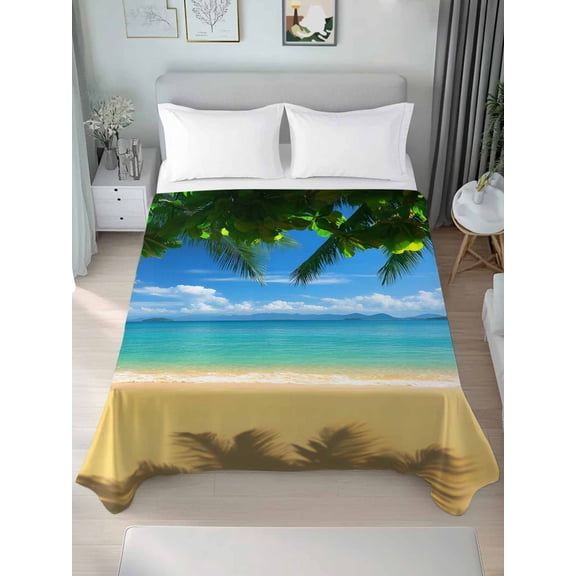 Ocean Beach Queen Size Flat Sheet, Wrinkleproof & Fadeproof Cooling Flat Bed Sheet Only, Blue Sea Shoreline Coconut Coastal Palm Tree Breathable Soft Bedding Top Sheets 90 x 102 Inches
