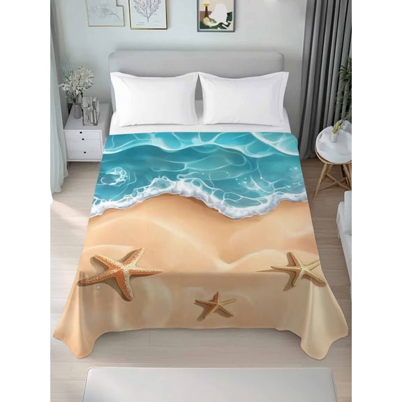 Ocean Beach Queen Size Flat Sheet, Wrinkleproof & Fadeproof Cooling Flat Bed Sheet Only, Starfish Sea Waves Coastal Seaside Sand Breathable Soft Bedding Top Sheets 90 x 102 Inches