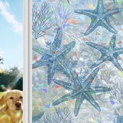 Ocean Beach Rainbow Window Privacy Film, Seashell Coral Starfish Stained Glass Window Film, Sun Blocking Glass Clings Static Cling Non Adhesive Door Stickers 19.6 x 39.3 Inches