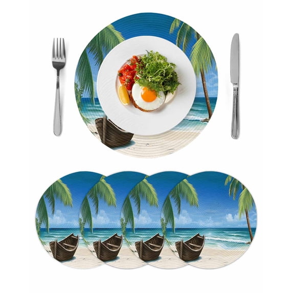 Ocean Beach Round 13 Inch Placemats Set of 4, Blue Coastal Palm Tree Nautical Sailboat HeatResistant Non Slip Place Mats for Dining Table, Wipeable Braided Kitchen Table Mats for Housewarming