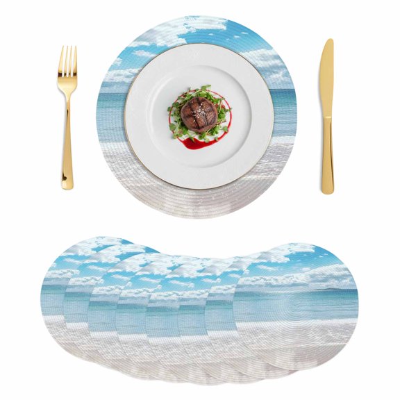Ocean Beach Round 15 Inch Placemats Set of 8, Natural Blue Sea Waves Sky Cloudy Scenery HeatResistant Non Slip Place Mats for Dining Table, Wipeable Braided Kitchen Table Mats for Housewarming
