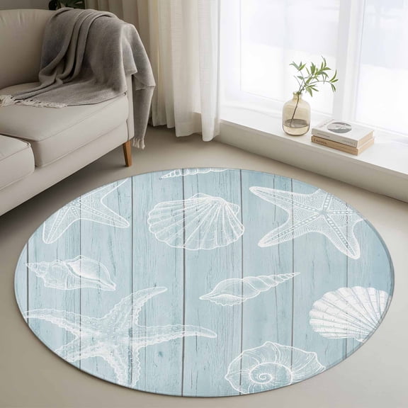 Ocean Beach Round Area Rug 3Ft Washable Small Circle Rugs for Kitchen Entryway, Summer Coastal Starfish Shell Conch Wooden Green Non-Slip Carpet Floor Mats Indoor Outdoor Carpet Runner Home Decor