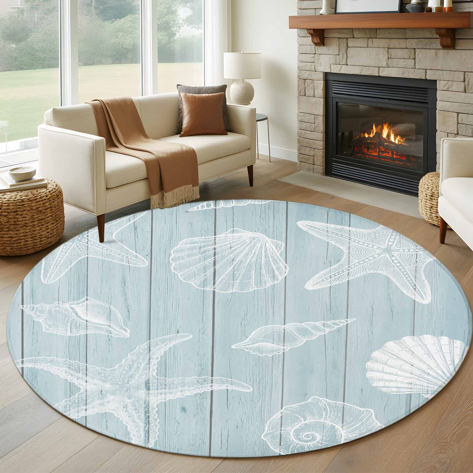 Ocean Beach Round Area Rug 7Ft Washable Circle Rugs for Dorm Laundry Room, Summer Coastal Starfish Shell Conch Wooden Green Non-Slip Carpet Floor Mats Indoor Outdoor Carpet Runner Home Decor