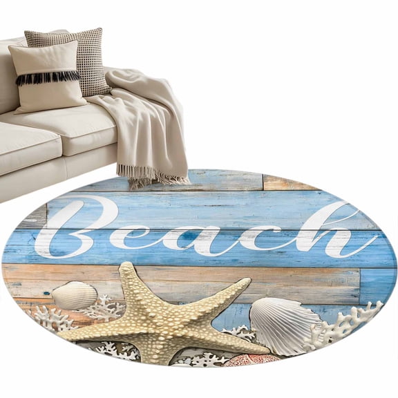 Ocean Beach Round Area Rug 4ft Starfish Shell Coral Blue Brown Wood Grain Farm Non-Slip Washable Circle Rugs Soft Felt Indoor Floor Mat for Bedroom Kitchen Living Room Bathroom