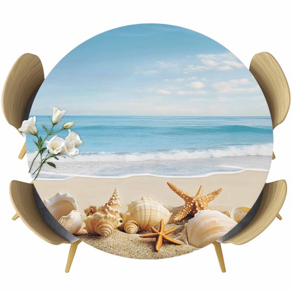 Ocean Beach Round Fitted Tablecloth with Elastic Edge, Blue Sky Starfish Shell Stretch Table Covers for 55"-60" Tables Wipeable Table Cloth for Outdoor