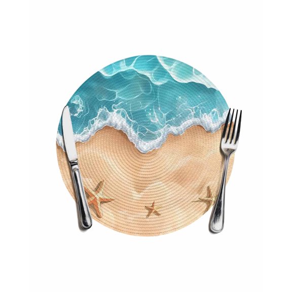 Ocean Beach Round Placemats for Dinning Tables,Heat-proof Braided Table Mats 13 Inch,Starfish Sea Waves Coastal Seaside Sand Washable Place Mat for Kitchen Restaurant Party Decor Table Setting