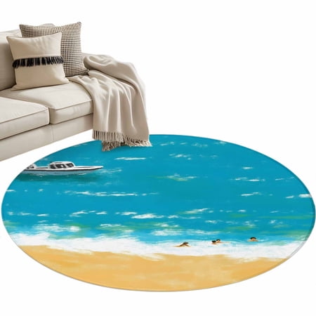 Ocean Beach Round Area Rug 4 ft Watercolor Summer Cruise Ship Swimmers Washable Rugs for Living Room, Non Slip Soft Carpet for Bedroom Entryway Dining Room
