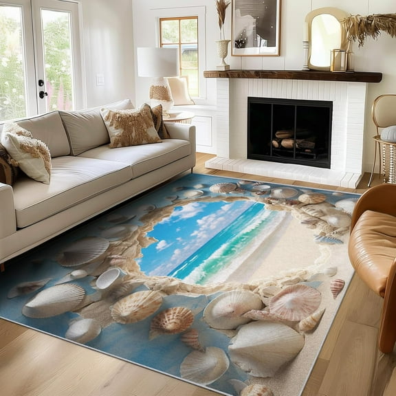 Ocean Beach Rug Washable Seashell Rugs For Living Room Bedroom, Coastal Beachy Seaside Area Rug For Home Decor, Non Slip Backing Floor Carpet 2x3ft