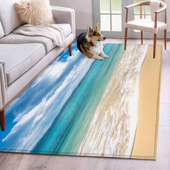 Ocean Beach Runner Rug 2.7x5 FT, Non Slip Entryway Carpet, Blue Sky Waves Sand Horizon Shore Summer Washable Soft Floor Carpet Entrance Mat Non-Shedding Throw Rug for Hallway Laundry Room Bedside