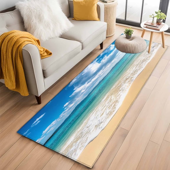 Ocean Beach Runner Rug 2x6 FT,Non Slip Hallway Rugs,Blue Sky Waves Sand Horizon Shore Summer Washable Soft Floor Carpet Throw Runner Carpet Long Rugs for Entryway Kitchen Bedside Sliding Door