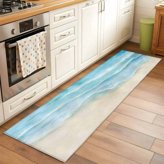 Ocean Beach Runner Rugs 2x6 ft Gradient Light Blue Ocean Waves Beige Beach Washable Hallway Rugs Non-Slip Floor Mats Absorbent Carpet Bedside Runners for Bedroom Kitchen Bathroom Laundry Room