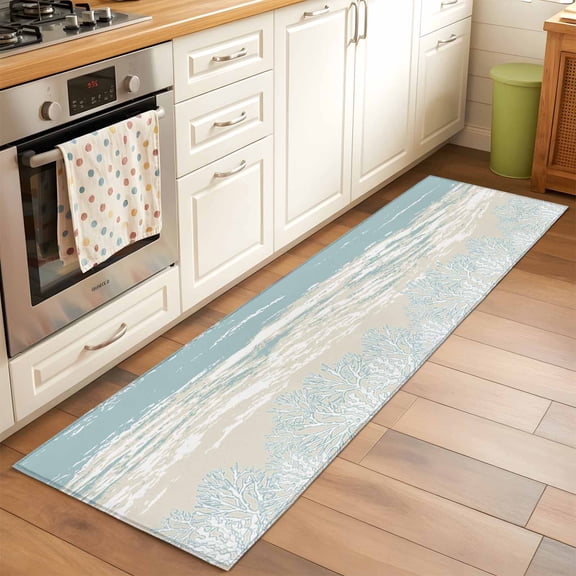 Ocean Beach Runner Rugs 2x6 ft Hand-Painting Abstract Beige Beach Blue Sea Coral Washable Hallway Rugs Non-Slip Floor Mats Absorbent Carpet Bedside Runners for Bedroom Kitchen Bathroom Laundry Room