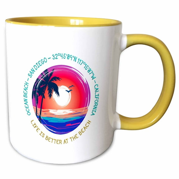 3drose, Ocean Beach, San Diego, California. Life Is Better at the Beach Gift, 11oz Two-tone Yellow Mug