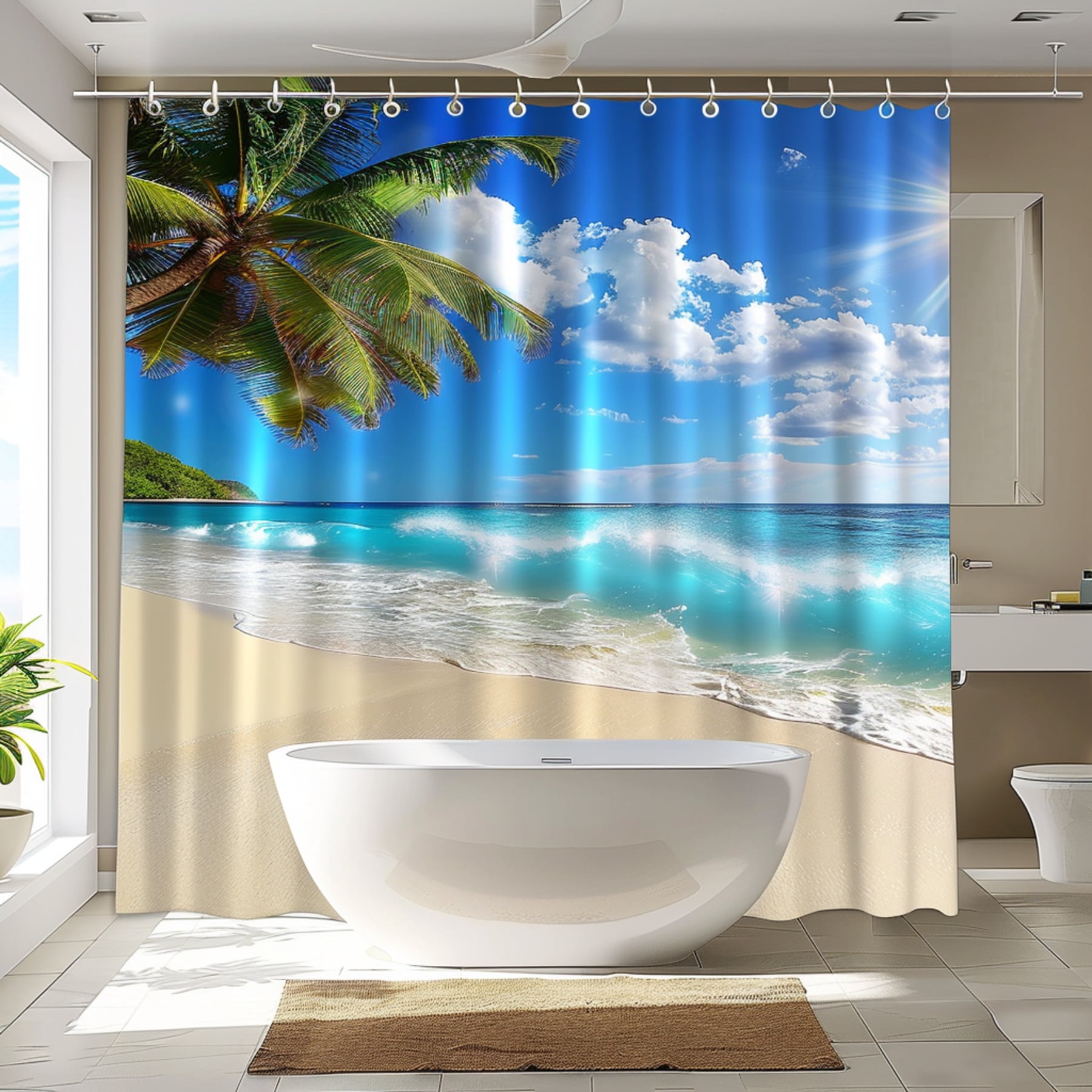 Ocean Beach Scene Shower Curtain Tropical Palm Tree Design Blue Sky