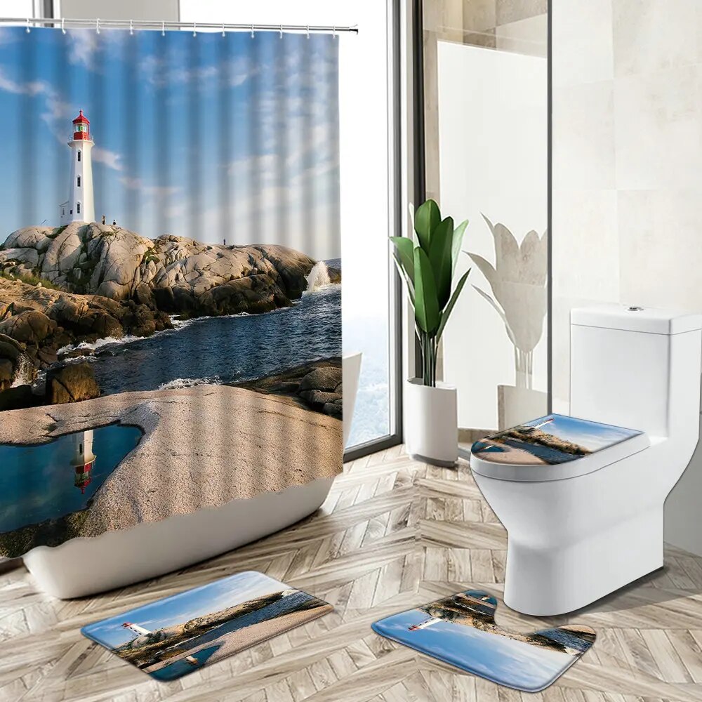 Ocean Beach Scenery Shower Curtain Seaside Lighthouse Seagull Natural ...