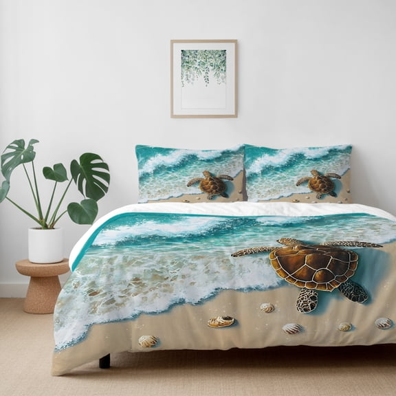 Ocean Beach Sea Turtle Shell California King Size Bed Set,Watercolor Marine Theme Bedding for All Seasons,4 Pcs Bed Set with 1 Quiltcover (96"x104"),1 Sheet (110"x98"),2 Pillowcases (20"x36")