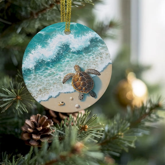 Ocean Beach Sea Turtle Shell Christmas Ceramic Ornament 2026,3" Round Xmas Tree Hanging Accessories with Gold Ribbon,Watercolor Marine Theme Pendant Ornaments for Holiday Gift Home Party Decor