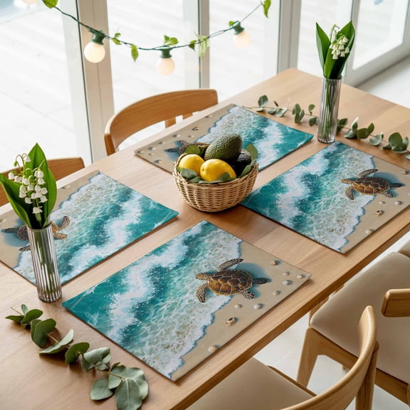 Ocean Beach Sea Turtle Shell Placemats Set of 4,Wipeable Washable Table Mats for Dining Tables, Watercolor Marine Theme Place Mats for Kitchen Event Party Tabletop Decor