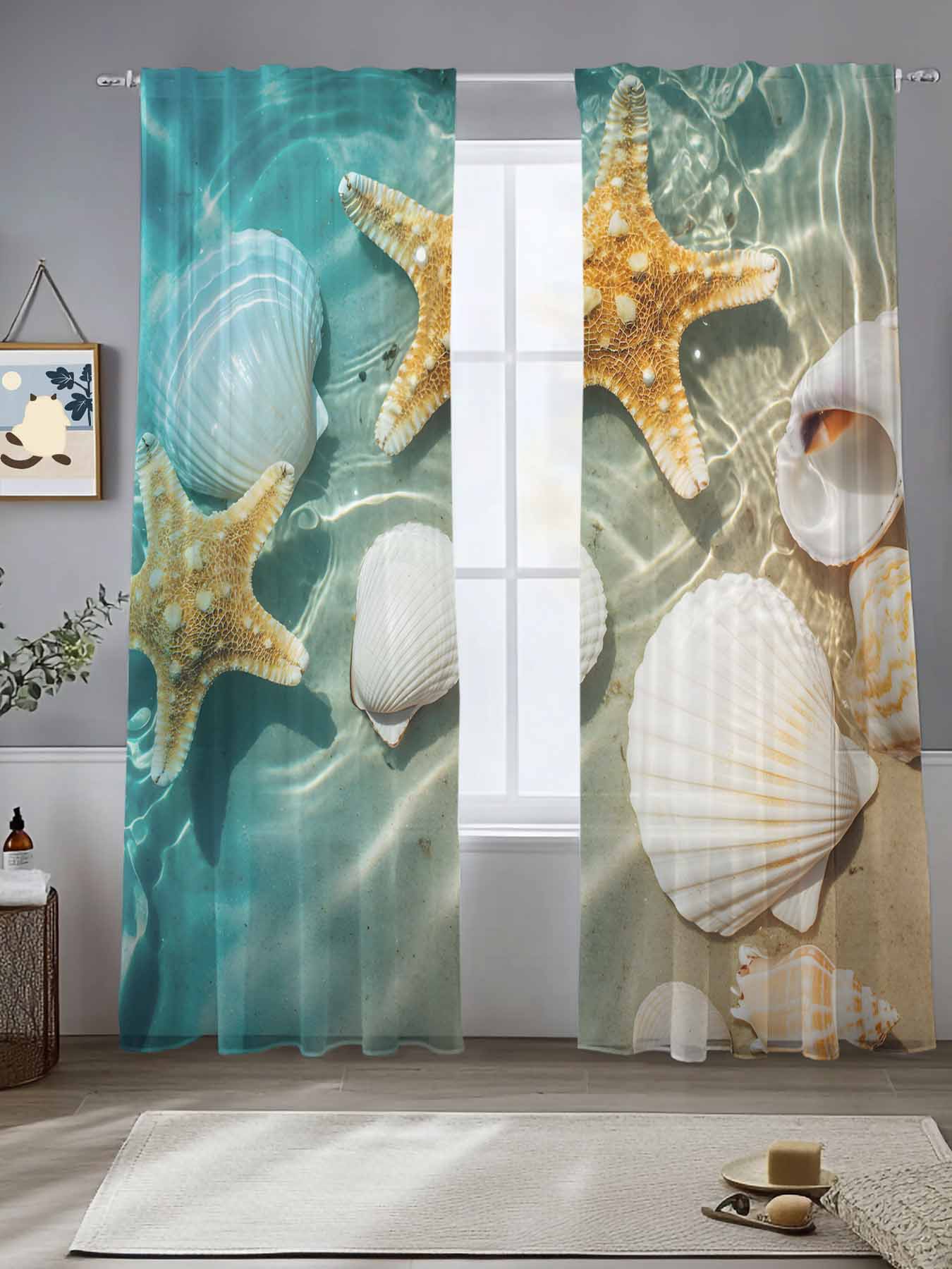 Ocean Beach Seashell Starfish Chiffon Sheer Curtains 96 Inches Long ...
