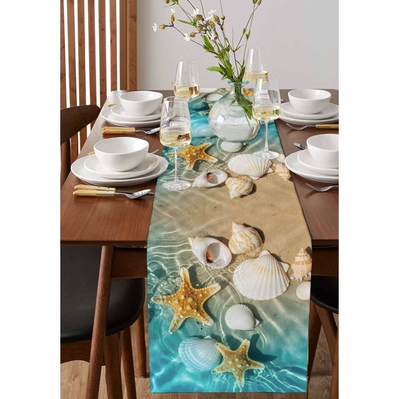Ocean Beach Seashell Starfish Table Runner 13x36in Non-Slip Cotton Linen Table Runners, Sea Water Waves Dresser Scarves TableRunner for Dinner Kitchen Dining Wedding Party