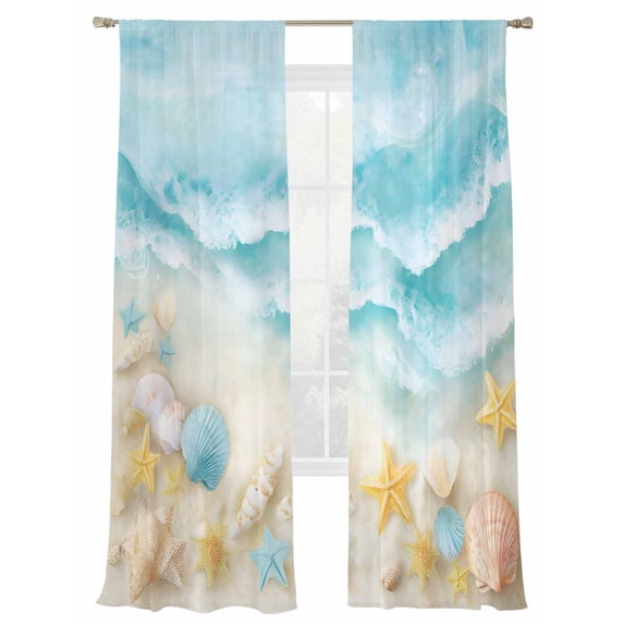 Ocean Beach Sheer Curtains 2 Panels Set Gradient Blue Ocean Sea Star Shell Beach Sheer Window Curtains Light Filtering Rod Pocket Voile Drapes for Bedroom Living Room 52"X108"